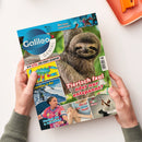 Magazin „Galileo Genial“ mit großem Foto eines Faultiers auf grünem Hintergrund, darüber die Schlagzeile „Tierisch faul oder nur entspannt?“. Weitere sichtbare Textelemente: „EXTRA! DER FIGHT-SKORPION“, „Gletscher in Not“, „Was kann Laserlicht?“, „Was ist dieser Fleck?“ und „Fußball in Deutschland“. Unten verschiedene kleinere Fotos von einer Sportlerin, einem Gletscher, einer hellhäutigen Person mit Fuß und einem Mann an einer Felswand.