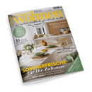 Titelbild der Wohnzeitschrift „Zuhause Wohnen“, Ausgabe Nr. 6 vom Juni 2025; im Vordergrund ein sommerlich gedeckter Esstisch mit weißen, grünen und gelben Akzenten in einem hellen Raum mit Holzmöbeln, oben mittig Schriftzug „wohnen“ in Gelb, darunter der Slogan „Wie Wohnen wirklich glücklich macht“, weitere sichtbare Schlagzeilen u. a.: „15 Möbel-Schnäppchen mit Klasse“, „SOMMERFRISCHE für Ihr Zuhause“, „DEKO frisch aus der NATUR“, „MODERN COUNTRY: Natürliche Materialien modern kombiniert“.