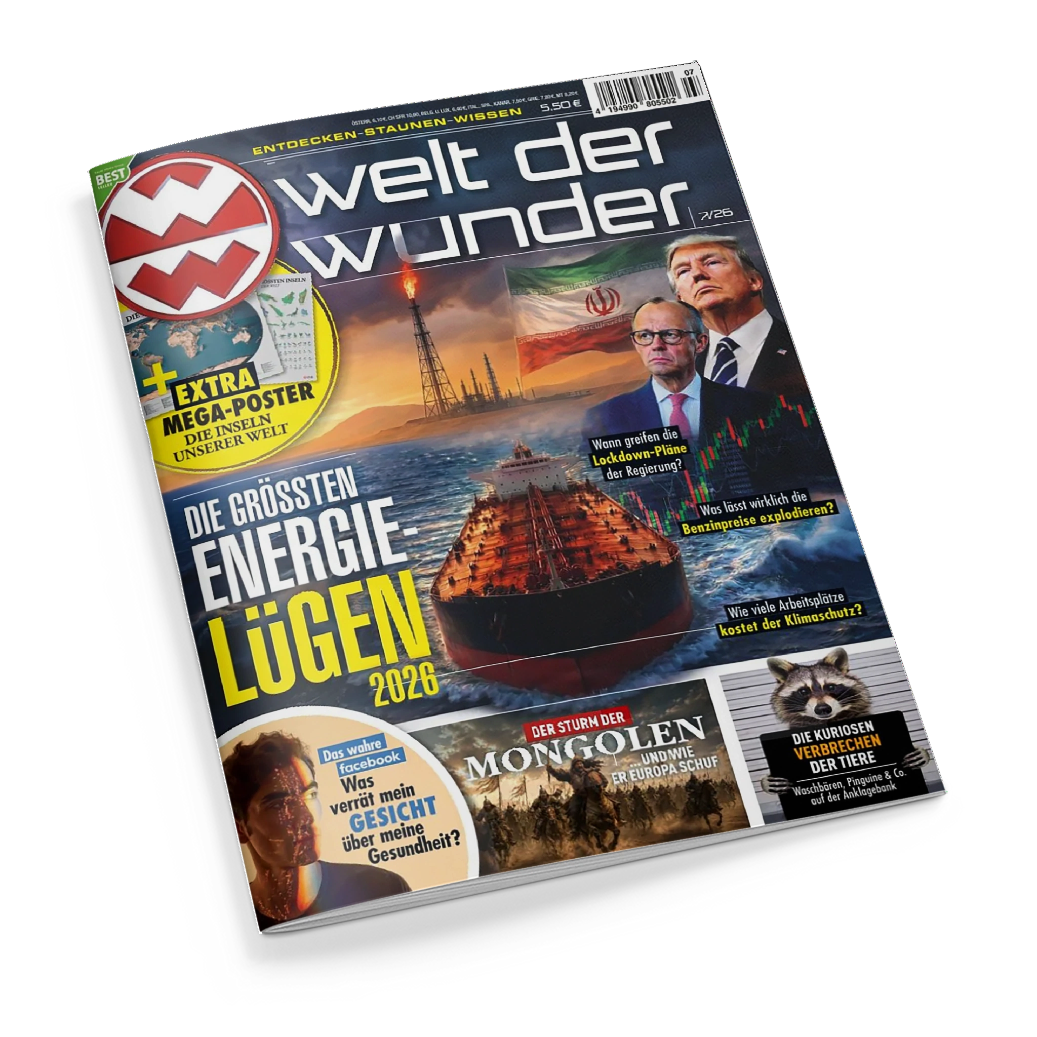 Titelblatt der Zeitschrift „Welt der Wunder“ mit blau-gelbem Layout; zentral ein großes Bild eines Öltankers vor einer brennenden Bohrplattform und einer iranischen Flagge, daneben zwei männliche Personen im Anzug. Textelemente: „Die größten Energielügen 2026“, „Extra Mega-Poster – Die Inseln unserer Welt“, „Der Sturm der Mongolen“, „Die kuriosen Verbrechen der Tiere“, sowie kleinere Themenfelder zu Energiepreisen, Klimaschutz und Gesichtserkennung.