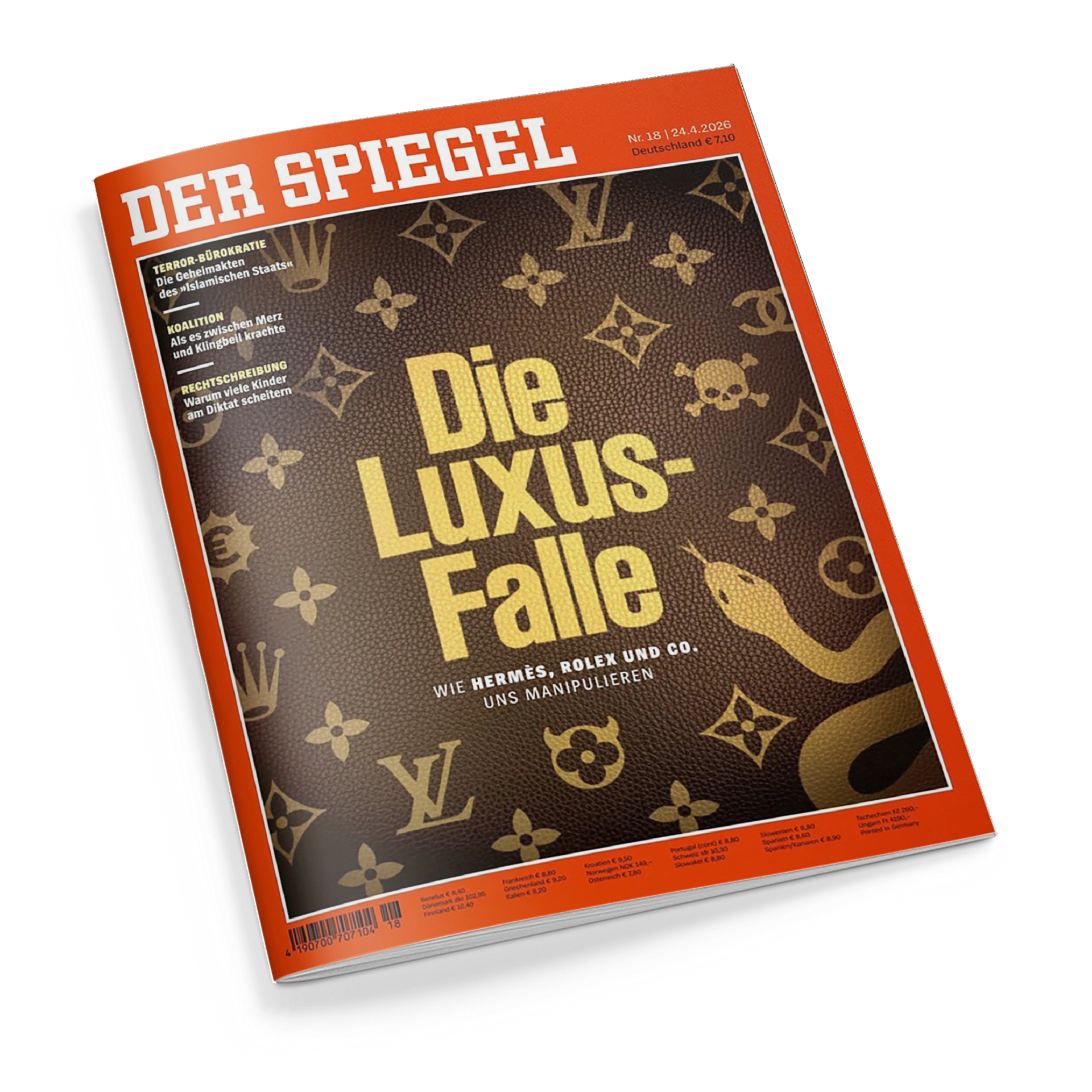 Titelblatt des Magazins „DER SPIEGEL“ mit rotem Rand und weißem Schriftzug. Im Zentrum steht die goldene Aufschrift „Die Luxus-Falle“ auf dunkelbrauner Ledertextur mit goldenen Luxusmarken-Logos und einer goldfarbenen Schlangenabbildung. Untertitel: „Wie Hermès, Rolex und Co. uns manipulieren“. Linke Spalte mit weiteren Themen wie Terrorbürokratie, Koalition und Rechtsbeugung. Ausgabe Nr. 18, datiert auf den 24. April 2026.