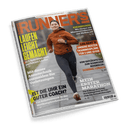 Titelbild des Laufmagazins „Runner’s World“ mit einer joggenden, lächelnden Person in rostroter Jacke und dunkelgrauer Laufhose auf einem gepflasterten Weg, im Hintergrund leicht unscharfe städtische Umgebung; Schlagzeilen u. a.: „LAUFEN LEICHT GEMACHT“, „IST DIE UHR EIN GUTER COACH?“, „MEIN ERSTER MARATHON“, „Unsere besten Trainingspläne für 5 und 10 km“, sowie Rubriken zu Atmung, Ernährung und Erfolgsgeschichten.