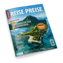 Titelbild der Zeitschrift „Reise und Preise“ mit großflächiger Luftaufnahme einer tropischen Insel mit grüner Vegetation, weißem Sandstrand, türkisfarbenem Wasser und dem markanten Berg Le Morne Brabant; zentrale Aufschrift: „Traumrouten für Weltentdecker“, orangefarbener Kreis rechts mit Text „Mauritius – Immergrüne Zuckerinsel“ sowie weitere Themen wie Paris, Andalusien, British Columbia, Malediven, Botswana, Fidschi und Bosnien-Herzegowina.