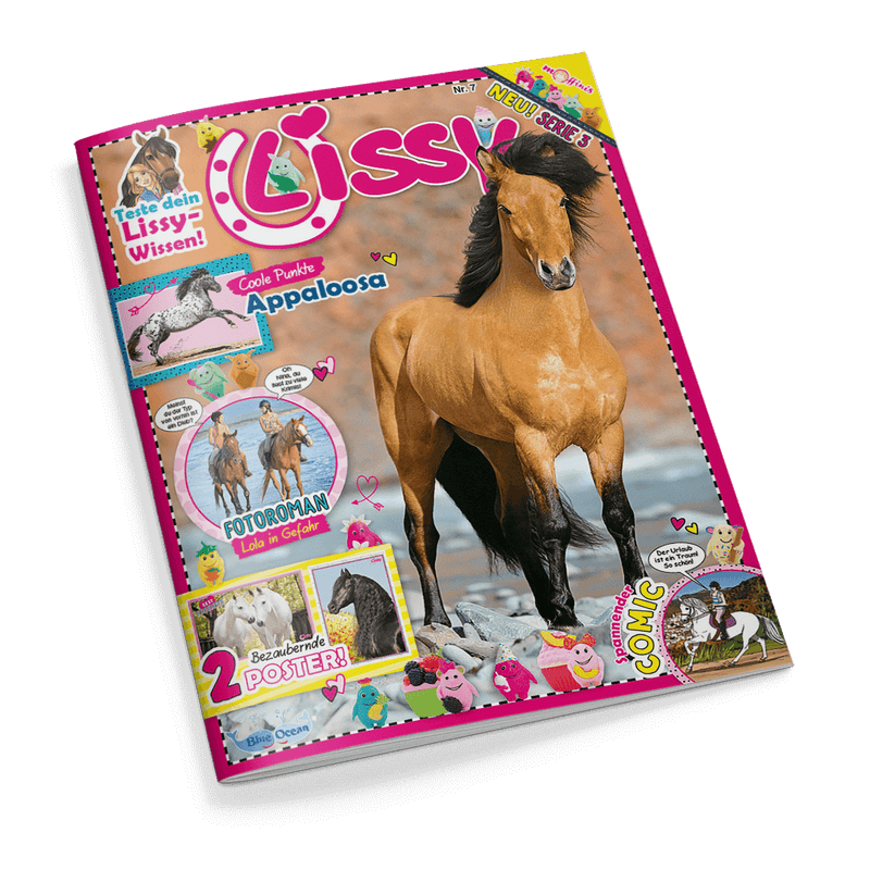 Titelbild der Zeitschrift „Lissy“ mit großem Foto eines galoppierenden braunen Pferdes mit schwarzer Mähne und Beinen vor unscharfem Naturhintergrund, umgeben von farbenfrohen Elementen wie Fotos, Comicfiguren und Textfeldern; sichtbare Aufschriften: „Teste dein Lissy-Wissen!“, „Coole Punkte Appaloosa“, „Fotoroman Lola in Gefahr“, „2 bezaubernde Poster!“, „Comic“, „Blue Ocean“.