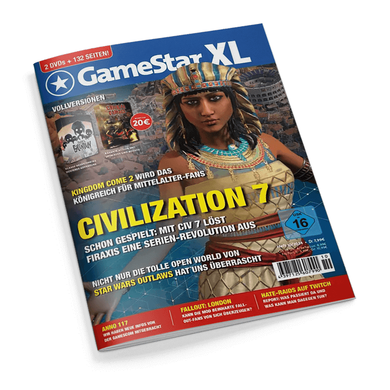 Titelbild der Zeitschrift „GameStar XL“ mit blauer Titelleiste, weißem Schriftzug und dem Untertitel "2 DVDs + 132 Seiten!", zentrale Abbildung einer weiblich dargestellten Figur in altägyptischer Kleidung vor einer antiken Stadtkulisse, darunter gelbe Hauptüberschrift „CIVILIZATION 7“, weitere Texte: „Schon gespielt: Mit Civ 7 löst Firaxis eine Serien-Revolution aus“, „KINGDOM COME 2 wird das Königreich für Mittelalter-Fans“, „Nicht nur die tolle Open World von Star Wars Outlaws hat uns überrascht“.