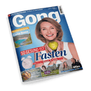 Titelbild der Programmzeitschrift „Gong“, Ausgabe 10 vom 8. bis 14. März 2025, mit einer lächelnden hellhäutigen Frau vor blauem Hintergrund, die einen grünen Apfel hält. Zentrale Überschrift: „So gesund ist Fasten – Wie es auf Körper & Seele wirkt“. Weitere sichtbare Themen: „Sonnenurlaub an der Costa Brava“, „Kochen wie bei Großmutter“, „Die Villa der Kaiserin“, „Mörderische Affäre – neuer Fall für Heino Ferch“. Oben: TV-Programm vom 8.3. bis 14.3.2025.