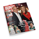 Titelblatt der Zeitschrift „BUNTE“ mit rotem Schriftzug oben links. Zentrale Abbildung: eine weibliche und eine männliche Person nebeneinander, vor dunklem Hintergrund mit Lichtern. Schlagzeilen u. a. „Steffi Graf – Neues Drama um ihren Bruder“, „Skandal-Internat“, „Taylor Swift“, „Aurora Ramazzotti Märchenhochzeit“ und „Simone Ballack – Nacktfotos mit 50“. Weitere kleinere Porträts und Textfelder in Weiß und Rot.