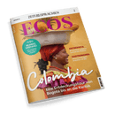 Titelbild der Sprachlernzeitschrift „ECOS“ mit dem Schwerpunkt „Colombia“, zeigt eine lachende Frau im Profil mit rotem Kopftuch und farbenfroher Kleidung, die eine Metallschüssel mit Obst auf dem Kopf trägt; Hintergrund in warmem Gelbton, Aufschriften u. a.: „Eine Entdeckungstour von Bogotá bis an die Karibik“, „Mundo Hispano – Los mejores podcast en español“, „Entrevista – El escritor cubano Leonardo Padura“ und „Gastronomía – Desayunos para empezar el día“.