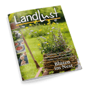 Titelbild der Zeitschrift „Landlust“ mit dem Haupttitel „Blüten im Nest“, zeigt ein Korbnest mit gelben und violetten Wildblumen auf einer hölzernen Schubkarre vor grünem, unscharfem Gartenhintergrund; linke Bildseite enthält vier kleinere Fotos: ein Filz-Schaf, drei Desserts in weißen Förmchen, eine Hand mit einem verzierten Osterei und ein dekorierter Kuchen. Textauszüge: „Frühlingsboten: Gärten im Galerien“, „Naturrezepte: Tee & Saft aus Löwenzahn“, „Saatgut: Vom Tauschen und Bewahren“.