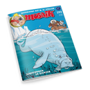 Comic-Heft mit dem Titel „mosaik“ und der Aufschrift „Unterwegs mit G. W. Steller“, Ausgabe „594“, darunter „Schiffbruch im Eismeer“. Titelillustration zeigt eine große graublaue Seekuh unter Wasser neben treibenden Eisschollen; im Hintergrund sitzen zwei vermummte Personen in einem Holzboot. Oben links sind drei gezeichnete Kinderköpfe in einem Kranz dargestellt, der Hintergrund ist hellblau.