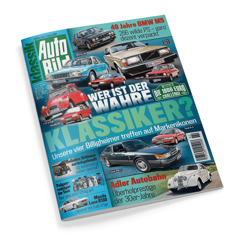 Titelblatt der Zeitschrift „Auto Bild Klassik“, Ausgabe Nr. 2 vom  Februar 2025, mit dem Haupttitel „Wer ist der wahre Klassiker?“ über großflächiger türkisfarbener Schrift; abgebildet sind sieben Oldtimer-Modelle, u. a. Saab 900 S, Citroën 2CV, Volvo 66, Mazda Luce R130 und Audi 80; weitere sichtbare Texte: „40 Jahre BMW M5“, „Geliebte Oldtimer zurückgekauft“, „Adler Autobahn – Überholprestige der 30er-Jahre“, „Mazda – Japaner mit Italo-Flair“; untere rechte Ecke mit sichtbarem Barcode.