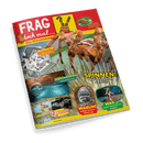 Titelbild des Kindermagazins „FRAG doch mal... Das Wissensmagazin“ mit zentral abgebildeter Spinne auf Pflanzenstängeln; neben dem Titel ein gezeichneter orangefarbener Hase mit Fragezeichen-Symbol; Textbeiträge u. a.: „SPINNEN! Wie vermehren sie sich?“, „Höhlenseen! Wie entstehen sie?“, „Heizung! Wie werden Häuser warm?“, „WARUM heißen WASCHBÄREN so?“, „WAS gibt beim BADMINTON Punkte?“; zusätzlich zwei Poster mit Motiven von Maus und Fledermaus.