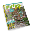 Titelbild der Zeitschrift „gartenspaß“, Ausgabe Februar 2025, zeigt eine blühende Gartenszene mit Blumen in Töpfen, einem kleinen türkisfarbenen Gewächshaus und Holzregalen vor einer Backsteinmauer; aufgedruckte Texte unter anderem: „Mehr Spannung für Ihren Garten“, „Bunte Topf-Parade“, „Sträucher richtig schneiden“, „Schritt für Schritt – Sommerflieder vermehren“ und „Gelbe Farbtupfer – Frühblüher winterfing mit neuen Sorten“.