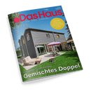 Titelbild der Zeitschrift „Das Haus“ mit einem modernen, dunkelgrauen Doppelhaus in Holzoptik im Sonnenlicht, davor zwei Terrassen mit Gartenmöbeln, Sonnenschirmen und Pflanzen; Hauptüberschrift: „Gemischtes Doppel – Klug geplant für zwei Familien“, weitere Texte: „Tomaten – Anbautipps und besondere Sorten für Ihren Garten“ sowie „Neue Haushaltsgeräte: Intelligent und sparsam“, Magazinlogo oben links in Pink mit Haus-Icon.
