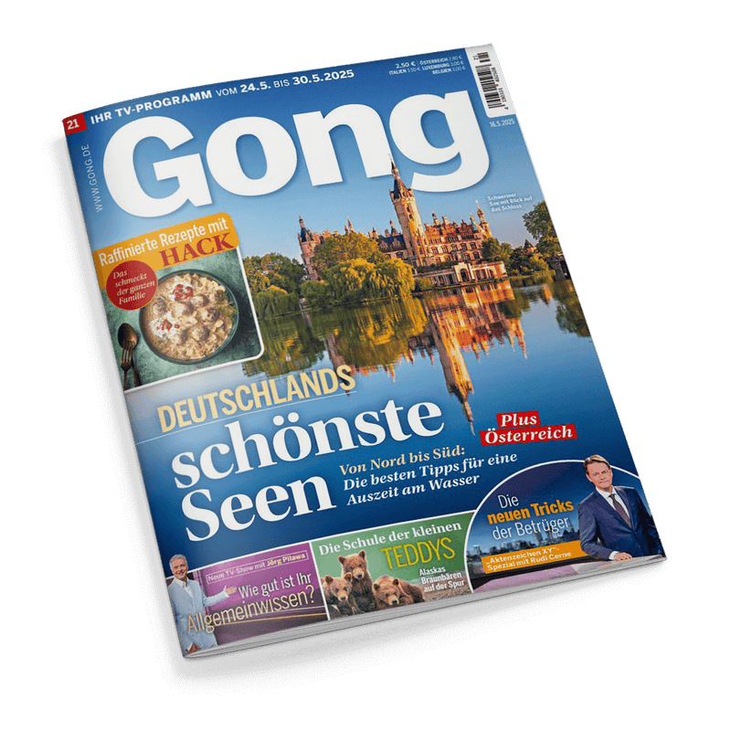 Titelbild der Fernsehzeitschrift „Gong“, Ausgabe Nr. 21 vom 24. bis 30. Mai 2025, mit großem Schriftzug „Deutschlands schönste Seen“ vor einem See- und Schlossmotiv mit Spiegelung im Wasser; weitere Texte: „Plus Österreich“, „Raffinierte Rezepte mit Hack“, „Die neuen Tricks der Betrüger“, „Wie gut ist Ihr Allgemeinwissen?“, „Die Schule der kleinen Teddys“, „Aktezeichen XY… Spezial mit Rudi Cerne“, TV-Tipps unten links, Abbildung eines Hackgerichts oben links und zweier Bärenjungen unten mittig.