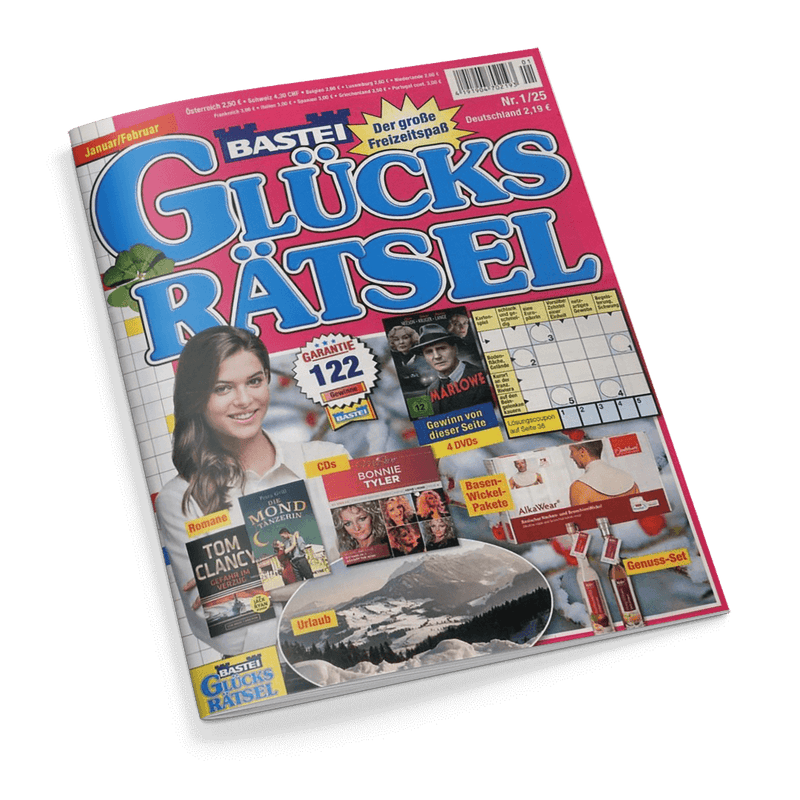 Titelbild der Zeitschrift „Bastei Glücks-Rätsel“, Ausgabe Nr. 1/25 für Januar/Februar mit pinkem Hintergrund und großem blau-weißem Schriftzug, abgebildet sind eine braunhaarige lächelnde Frau links unten, verschiedene Preise wie DVDs, Bücher („Tom Clancy“, „Der Mond des Vergessens“), CDs („Bonnie Tyler“) sowie ein Kreuzworträtsel-Ausschnitt, Schneelandschaft im runden Rahmen, sichtbare Aufschriften wie „GARANTIERT 122 Rätsel“, „Gewinn von dieser Seite“ und „Basen-Wickel-Paket“.