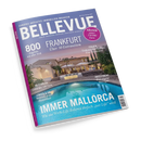 Titelbild der Zeitschrift „BELLEVUE – Europas größtes Immobilien-Magazin“, Ausgabe Mai/Juni 2023. Im Vordergrund ein beleuchteter Swimmingpool, dahinter ein mediterranes Haus bei Dämmerung. Textinhalte: „800 Angebote aus aller Welt“, „FRANKFURT – Über 30 Extraseiten“, „IMMER MALLORCA – Wie aus Work-Life-Balance einfach ‚just Life‘ wird“, sowie Themen zu Österreich, Lübeck, Italien und Investment.