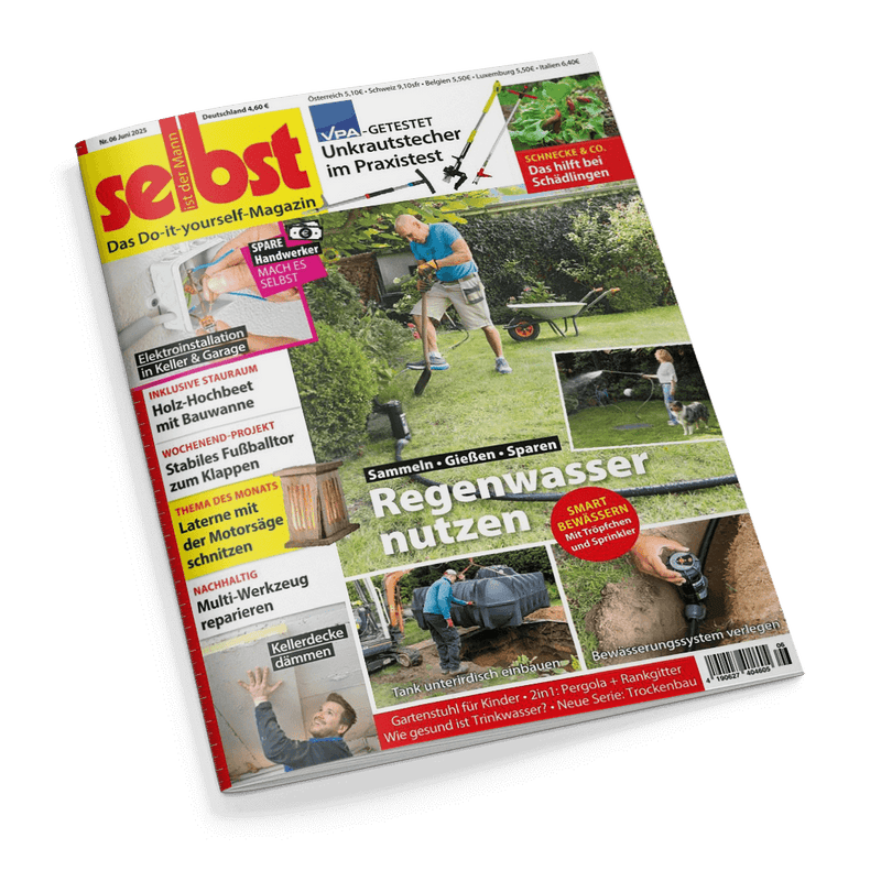 Titelbild der Zeitschrift „selbst ist der Mann – Das Do-it-yourself-Magazin“ mit mehreren Bildern zum Thema Regenwassernutzung, unter anderem ein Mann beim Gartenarbeiten mit Schlauch, ein unterirdisch eingebauter Tank und ein verlegtes Bewässerungssystem; Schlagzeilen u. a.: „Regenwasser nutzen“, „Laterne mit der Motorsäge schnitzen“, „Holz-Hochbeet mit Bauwanne“, „VPA-GETESTET Unkrautstecher im Praxistest“.