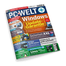 Titelblatt der Technikzeitschrift „PC-Welt Plus“, Ausgabe 6/2025, mit zentralem orangefarbenem Schriftfeld „Windows Update-Garantie“, daneben Symbole von Laptop und Update-DVD. Weitere Schlagzeilen: „Sicherheits-BOX“, „Sicherheit XXL“, „KI lokal am PC nutzen“, „Fritzbox & Co. gratis verbessern“, „Linux Einsteiger-Paket“ und „32 Seiten Extra“. Mehrere Produktabbildungen, PC-Symbole und farbige Infoboxen auf weißem Hintergrund.