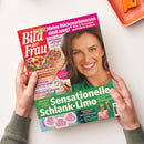 Titelblatt der Zeitschrift „Bild der Frau“ mit Porträt einer lächelnden Frau im grünen Oberteil auf hellem Hintergrund. Schlagzeilen u. a.: „Sensationelle Schlank-Limo“, „Meine Rückenschmerzen sind weg!“, „Puddingtuchen vom Bäcker“, „Malen macht glücklich“ sowie ein Hinweis auf ein Interview mit „Meryl Streep“. Im oberen Bereich rotes Magazin-Logo, umgeben von bunten Textfeldern und Bildern von Speisen. Hände halten das Heft über hellem Tisch.