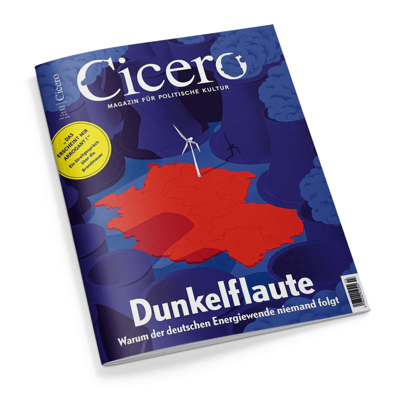 Titelbild des Magazins „Cicero – Magazin für politische Kultur“ mit dunkelblauem Hintergrund, roter Deutschlandkarte in der Mitte, darauf ein einzelnes weißes Windrad; umgeben von stilisierten, dampfenden Kühltürmen. Hauptüberschrift: „Dunkelflaute“ mit Unterzeile „Warum der deutschen Energiewende niemand folgt“, gelber Kreis links mit Text: „Das erscheint mir argumentativ fragwürdig! – Brandstetter“.
