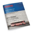 Titelbild der Zeitschrift „mare – Die Zeitschrift der Meere“, Ausgabe No. 169, obere Hälfte in Blau mit weißer und roter Schrift, untere Hälfte zeigt eine große graue Betonmauer mit rot-weißem Linienbus auf Straße davor; Haupttitel: „Die Mauer – Japans Jahrhundertbauwerk zum Schutz gegen Tsunamis“, weitere Themen: Südpolarmeer, Lagune von Venedig, Klippenspringer von Acapulco.