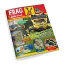 Titelbild des Kindermagazins „FRAG doch mal… Das Wissensmagazin“ mit gelb-schwarzem Salamander im Zentrum, umgeben von Texten wie „SALAMANDER! Was haben sie mit Feuer zu tun?“, „Schuhmacher! Wie machen sie aus Leder Schuhe?“, „WIE jagen GEPARDEN?“ und „WANN wurden MOTORRÄDER erfunden?“, mit Fotos eines Mannes mit Schuh, eines begrünten Hauses, eines Geparden, eines Motorrads und zwei abgebildeten Postern; Logo „Blue Ocean“ unten links.