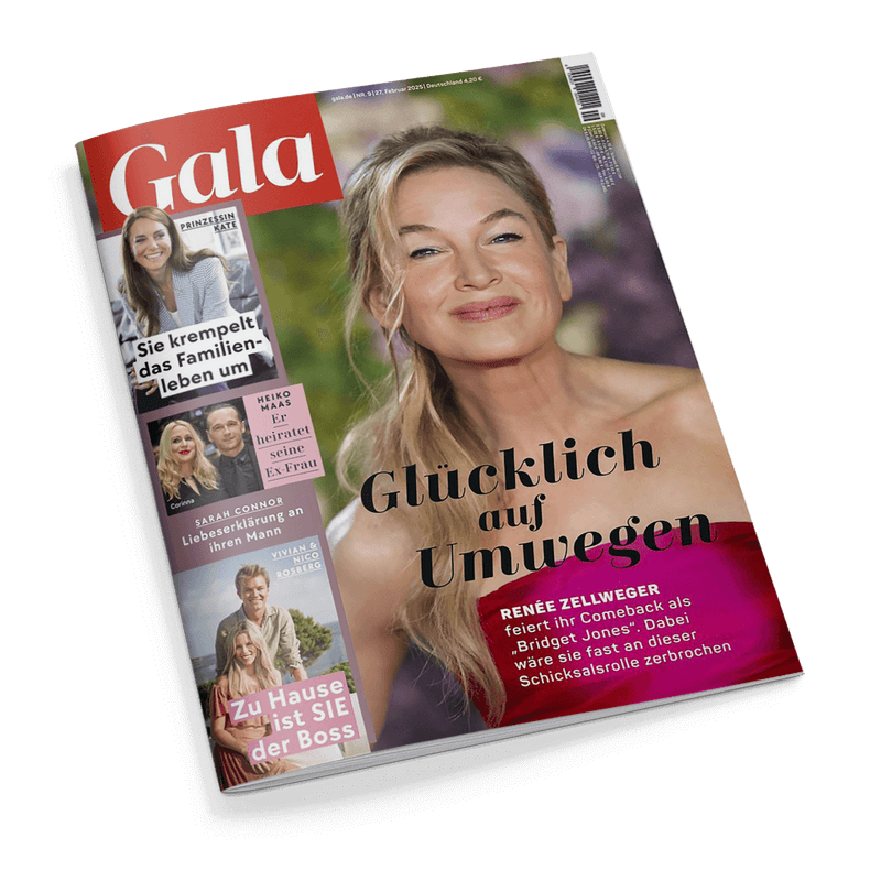 Titelbild der Zeitschrift „Gala“, mit einem großformatigen Porträt einer blonden Frau vor verschwommenem Hintergrund, zentrale Aufschrift: „Glücklich auf Umwegen“, darunter Text über Renée Zellwegers Comeback als „Bridget Jones“; linke Seitenleiste mit kleineren Bildern und Texten zu Prinzessin Kate, Heiko Maas, Sarah Connor sowie ein Paar mit der Aufschrift „Zu Hause ist SIE der Boss“.