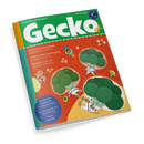 Titelbild der Kinderbilderbuchzeitschrift „Gecko“ mit grünem Schriftzug auf grünem oberen Balken. Darunter orangefarbener Hintergrund mit drei Brokkoli-Figuren in weißen Raumanzügen im All, kleinen Raketen und gelben Linien. Texte: „PIZZA Sechs Jahreszeiten“, „JUPP und die Gemüsegang“, „BROKKOLI im All“ sowie blauer Kreis mit Hinweis „Geschichten, Sprachspiele und Mitmachseiten – Thema Gemüse!“.