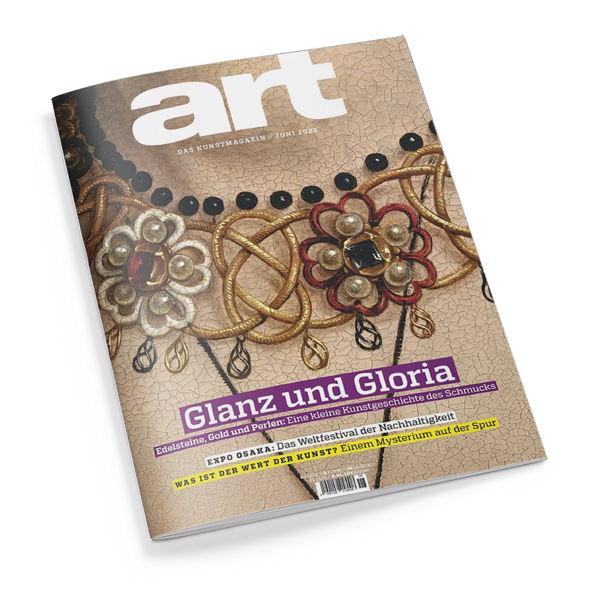Titelblatt des Kunstmagazins „art“, Ausgabe Juni 2023. Gezeigt ist ein Detail historischer Schmuckkunst mit goldenen und roten Fäden, Perlen, Edelsteinen und ornamentalem Muster auf beigefarbenem, rissigem Hintergrund. Aufschrift in Weiß, Lila und Gelb: „Glanz und Gloria“, „Edelsteine, Gold und Perlen: Eine kleine Kunstgeschichte des Schmucks“, „EXPO OSAKA: Das Weltfestival der Nachhaltigkeit“, „WAS IST DER WERT DER KUNST? Einem Mysterium auf der Spur“.