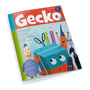 Titelblatt der Kinder-Bilderbuchzeitschrift „Gecko“, Ausgabe Nr. 107. Oben roter Balken mit weißem Schriftzug „Gecko“ und blauem Puzzle-Logo. Darunter farbenfrohe Illustrationen: anthropomorphisierte Bastelutensilien wie Schere, Stift, Radiergummi und Pinsel mit Gesichtern auf hellblauem Hintergrund. Aufdrucktexte u. a. „Die Burg MACKFEI“, „ANGESTIFTET“, „Der Tag des fröhlichen WURMS!“ und runder blauer Sticker mit Hinweis auf Geschichten und Mitmachseiten.