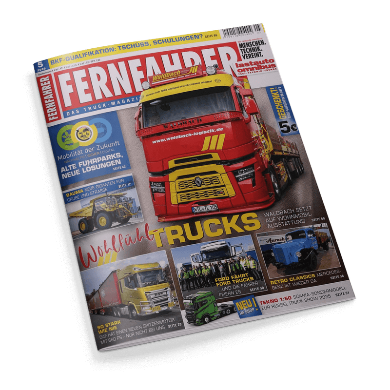 Titelbild der Zeitschrift „FERNFAHRER – Das Truck-Magazin“ mit einem roten Renault-Truck von „Waldbach Logistik“ zentral im Bild, Schriftzug „www.waldbach-logistik.de“ auf der Front sichtbar; umliegende Artikelankündigungen u. a.: „Wohlfühl Trucks“, „Alte Fuhrparks, neue Lösungen“, „Retro Classics Mercedes-Benz“, „Ford fährt Ford Trucks“, „BKF-Qualifikation“, „So stark wie nie“ und „NEU im Shop – Tekno 1:50 Scania-Sondermodell“.