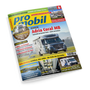 Titelblatt des Reisemobil-Magazins „promobil“, Ausgabe Juni 2023. Mittig ein silbernes Wohnmobil Mercedes Sprinter mit Aufschrift „Adria Coral MB“ auf grasbewachsenem Weg. Überschriften u. a.: „Supercheck“, „Zubehör-Check“, „Mehr Zuladung“, „Campen am Wasser“ und „Kauf-Tipp“. Oben gelbe und blaue Textfelder, unten kleinere Fotos von Wohnmobil-Interieur und Landschaft am Wasser, links Logo „promobil.de“ auf gelbem Hintergrund.