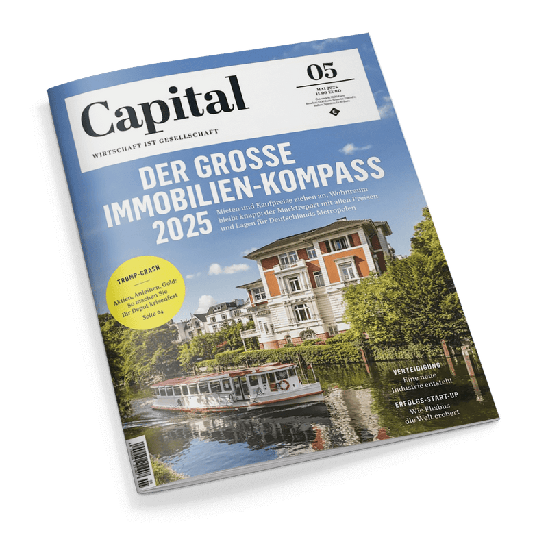 Titelbild der Zeitschrift „Capital“ Ausgabe 05 Mai 2025 mit dem Haupttitel „Der große Immobilien-Kompass 2025“ auf blauem Hintergrund, darunter eine Uferlandschaft mit Wasser, Baumreihe, weiß-rotem Ausflugsboot und historischer Villa; gelber Kreis mit Text „Trump-Crash – Aktien, Anleihen, Gold…“, weitere sichtbare Schlagzeilen u. a.: „Verteidigung – Eine neue Industrie entsteht“ und „Erfolgs-Start-up – Wie Flixbus die Welt erobert“.