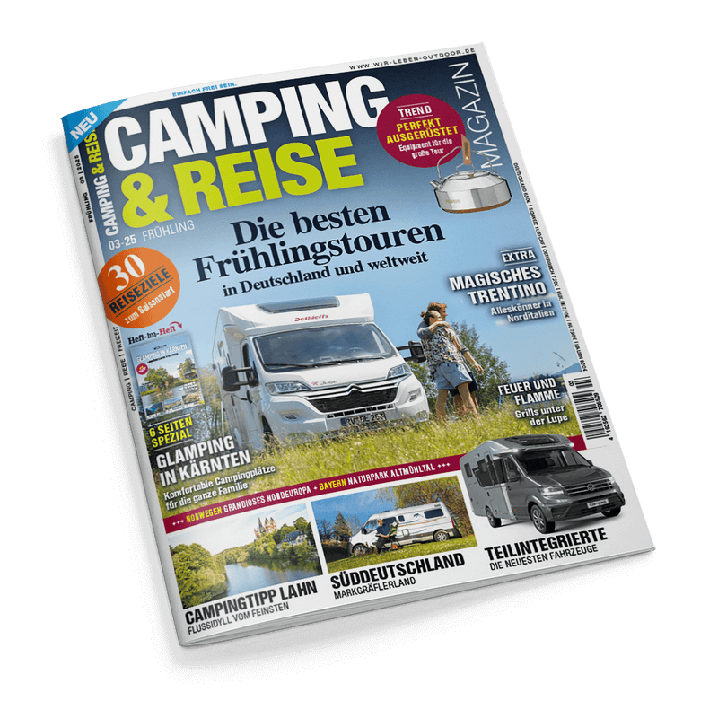 Titelbild der Zeitschrift „Camping & Reise“, Ausgabe Frühling 03-25, mit großem Foto eines weißen Wohnmobils auf einer Wiese, daneben zwei stehende Personen, eine weiblich wirkend mit langem Haar in Jeanskleidung; Titeltext „Die besten Frühlingstouren in Deutschland und weltweit“, weitere sichtbare Überschriften: „Magisches Trentino“, „30 Reiseziele“, „Feuer und Flamme“, „Camping-Tipp Lahn“, „Süddeutschland Markgräflerland“ sowie „Glamping in Kärnten“.