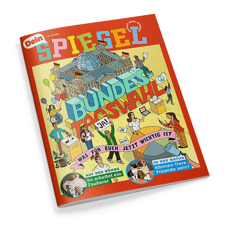 Titelbild der Kinder- und Jugendzeitschrift „Dein SPIEGEL“ mit rotem Rahmen und großer Illustration eines Wahlplatzes vor dem Reichstagsgebäude, ergänzt durch Wahlurnen, Plakate und Figuren mit Schildern wie „JA!“ und „NEIN“; zentrale Aufschrift in bunten Blockbuchstaben: „BUNDESTAGSWAHL“, darunter ein rosafarbenes Banner mit der Aufschrift „Was für euch jetzt wichtig ist“, sowie zwei kleinere Themenkreise: „So arbeitet ein Zauberer“ und „Können Tiere Freunde sein?“.