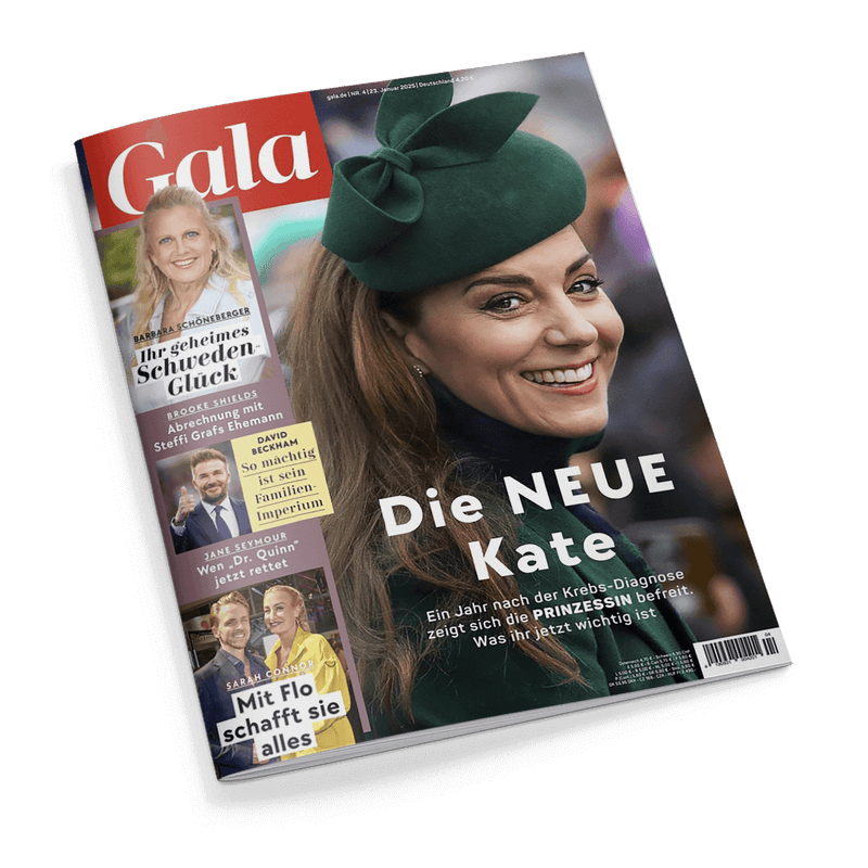 Titelbild der Zeitschrift „Gala“, im Vordergrund eine lächelnde Frau mit grünem Mantel und grünem Hut mit Schleifendetail, rechts daneben der Titel „Die NEUE Kate“ und der Text „Ein Jahr nach der Krebs-Diagnose zeigt sich die PRINZESSIN befreit. Was ihr jetzt wichtig ist“; linke Spalte zeigt Porträts und Überschriften zu Barbara Schöneberger, Brooke Shields, David Beckham, Jane Seymour, Sarah Connor und Florian Silbereisen.