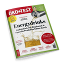 Titelbild der Zeitschrift „ÖKO-TEST“, Ausgabe Mai 2025, mit grün-rot-weißem Farbschema; zentral ein Glas mit gelblichem Energydrink, aus einer geöffneten Dose eingeschenkt, daneben Schlagzeile „Energydrinks – Koffeinkick mit Bisphenol A: Fast alle Produkte fallen durch“, weitere Textfelder u. a. „KEIN KICK FÜR KINDER“, „AUFBACKBRÖTCHEN – 36 Produkte im Test“ und „VEGANER BROTAUFSTRICH – Im grünen Bereich“, oben rechts ein Porträt einer Frau mit Interviewhinweis.