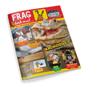Hochglänzendes Kinderwissensmagazin mit rotem Titelbalken „FRAG doch mal…“, darunter „Das Wissensmagazin“ mit orangener Maus-Zeichnung, zentrales Motiv ist ein aufgerissenes Krokodilmaul mit gelbem Text „KROKODILE! Wie schlüpfen sie?“, weitere Themen: Eishockey, Tornados, Glasherstellung, Mandrill-Affe, 2 Poster mit Löwin und Giraffe, Blue-Ocean-Logo unten links, bunte Umrandungen und Fotocollagen auf weißem Hintergrund.