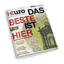 Titelbild der Zeitschrift „Euro – Das Magazin für Wirtschaft und Geld“, Ausgabe 2/2025, mit großflächigem Titeltext „DAS BESTE IST HIER“ in Schwarz und Rot vor gelbem Hintergrund im Geldscheindesign, rechte Seite zeigt ein historisches Portal in grünlicher Gravur; weitere Texte: „740 % ETF“, „GOLD-DIVIDENDE: Bis zu 7 % Cash aufs Konto“, „NVIDIA PLUS SICHERHEIT: 28 % Rendite, selbst wenn die Aktie 35 % fällt“, „10 AKTIEN, die seit 10 Jahren immer steigen“.