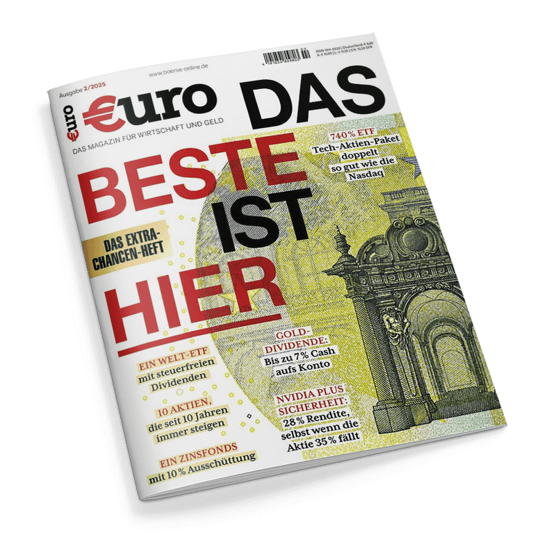 Titelbild der Zeitschrift „Euro – Das Magazin für Wirtschaft und Geld“, Ausgabe 2/2025, mit großflächigem Titeltext „DAS BESTE IST HIER“ in Schwarz und Rot vor gelbem Hintergrund im Geldscheindesign, rechte Seite zeigt ein historisches Portal in grünlicher Gravur; weitere Texte: „740 % ETF“, „GOLD-DIVIDENDE: Bis zu 7 % Cash aufs Konto“, „NVIDIA PLUS SICHERHEIT: 28 % Rendite, selbst wenn die Aktie 35 % fällt“, „10 AKTIEN, die seit 10 Jahren immer steigen“.