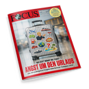 Titelblatt des Magazins „FOCUS“, Ausgabe 18 vom 24. April 2026, mit rotem Rand und silbernem Koffer im Zentrum, bedeckt mit bunten Aufklebern wie Weltkugel, Geldschein, Auto, Palme, Flugzeug, Kalenderblatt „15“ und einer männlichen Figur in Anzug, die mit dem Finger zeigt; Hintergrund unscharf, grauer Boden. Hauptüberschrift: „ANGST UM DEN URLAUB“, Untertitel: „Die 30 wichtigsten Fragen zum Krisen-Sommer 2026“.