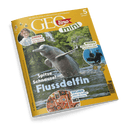 Titelbild der Kinderzeitschrift „GEOlino mini“, Ausgabe Nr. 6/2025, mit orange-gelbem Rand und dem Hauptmotiv eines aus dem Wasser springenden Flussdelfins vor grün bewaldetem Hintergrund. Aufschriften u. a.: „Spitze Schnauze! Flussdelfin“, „Kinder – Carissa bei den Bienen“, „Wissen – Komm mit auf Schatzsuche“, „Suchen – Alles in toller Unordnung“. Kleine runde Bildausschnitte mit einem Mädchen im Imkeranzug, einer Person mit Metalldetektor und einer Suchbild-Illustration.