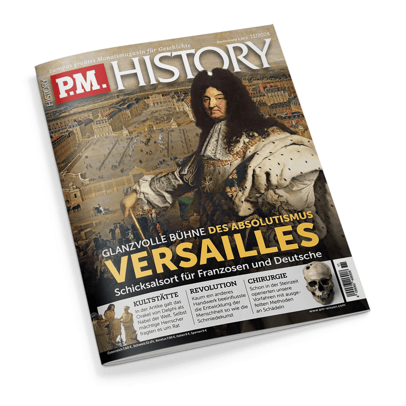 Titelbild der Zeitschrift „P.M. History“, Ausgabe 11/2024, mit einem Gemälde von Ludwig XIV. in prunkvoller Kleidung vor einer Darstellung des Schlosses von Versailles; zentrale Schlagzeile in Großbuchstaben: „VERSAILLES – Glanzvolle Bühne des Absolutismus“, Unterzeile: „Schicksalsort für Franzosen und Deutsche“, zusätzliche Themen in Textfeldern unten: „Kultstätte“, „Revolution“, „Chirurgie“, rechts unten ein menschlicher Schädel, Barcode am unteren rechten Rand.