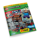 Titelbild eines Comics „LEGO Minecraft“ mit grün-gelbem Rand und pixelartiger Gestaltung; im Vordergrund mehrere blockartige Figuren mit grauen und braunen Körpern sowie eine springende Figur in blauem Oberteil und violetter Hose. Sichtbare Textelemente: „Comic Special mit original LEGO Set!“, „Zwei Super Comics!“, „Ausrüsten“, „Meister und Lehrling“, „Achtung: Action!“, „24 Seiten Comic“. Logo unten: „Blue Ocean“.
