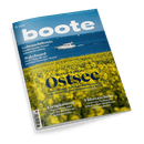 Titelbild der Zeitschrift „boote“ Ausgabe 6/2025 mit einem weißen Motorboot auf blauem Meer im oberen Bilddrittel, darunter ein gelbes Rapsfeld bis zum unteren Rand; zentrale Überschrift „Revier-Update Ostsee“, weitere sichtbare Texte: „Gebrauchtboote“, „Wakeboard“, „Törnplanung“, „Führerschein“, Untertitel über Törns in Deutschland, Polen und Dänemark für Sommer 2025, vorwiegend blaue und gelbe Farbgestaltung.