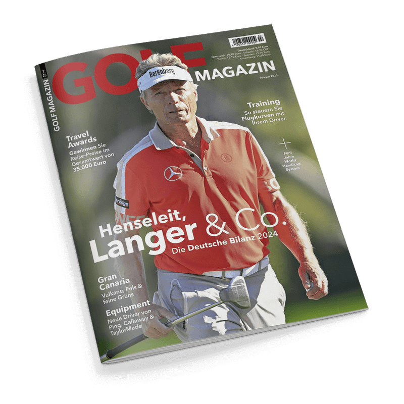 Titelbild des „GOLF MAGAZIN“, Ausgabe 2/2025, zeigt einen älteren männlichen Golfspieler in rotem Poloshirt mit Mercedes- und „Berenberg“-Logo sowie weißem Visor vor unscharfem Naturhintergrund, in der Hand ein Golfschläger; Textaufschriften u. a.: „Henseleit, Langer & Co. – Die Deutsche Bilanz 2024“, „Travel Awards – Gewinnen Sie Reise-Preise im Gesamtwert von 35.000 Euro“, „Training – So steuern Sie Flugkurven mit Ihrem Driver“, „Equipment – Neue Driver von Ping, Callaway & TaylorMade“.