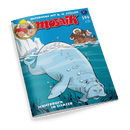 Comic-Heft mit dem Titel „mosaik“ und dem Schriftzug „Unterwegs mit G. W. Steller“, Ausgabe 594 vom Juni 2025; auf dem Cover schwimmt eine Seekuh halb unter Wasser im arktischen Meer mit Luftblasen und Seegras, im Hintergrund ein Ruderboot mit zwei Personen in Pelzkleidung und Eisberge, oben links sind drei Comicfiguren im Kreis abgebildet, darunter der Text „SCHIFFBRUCH IM EISMEER“ in Großbuchstaben.