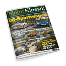 Titelbild der Zeitschrift „Motor Klassik“ mit grün-gelbem Logo auf dunklem Hintergrund und dem Haupttitel „V6-Sportwagen der 80er“ in großer gelber Schrift; zentral abgebildet sind ein silberner Alfa Romeo GTV6 und ein blauer Renault Alpine A310 V6 auf einer Landstraße, darunter kleinere Fotos u. a. von einem roten Maserati A6GCS Spyder, einem gelben Renault Sport Spider sowie einem weißen Mercedes W123 neben einem stehenden Mann mit Kamera; sichtbare Schlagzeilen zu weiteren Oldtimern.