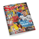 Titelbild der Zeitschrift „BRAVO Sport“ Ausgabe 06 mit großem blau-weißem Schriftzug „DUELLE DER GIGANTEN“ im unteren Bereich, mehreren männlichen Fußballspielern in Nationaltrikots, darunter Spieler mit den Rückennummern 7 und 17, gelbem Hintergrund und diversen Texten wie „MARKTWERT-EXPLOSION“, „MATCH ATTAX-PACK“, „FIGHT UM DIE EM-TICKETS“ sowie Ankündigungen zu Postern und Gaming-Vergleich „MOTOGP vs. SUPERCROSS“.