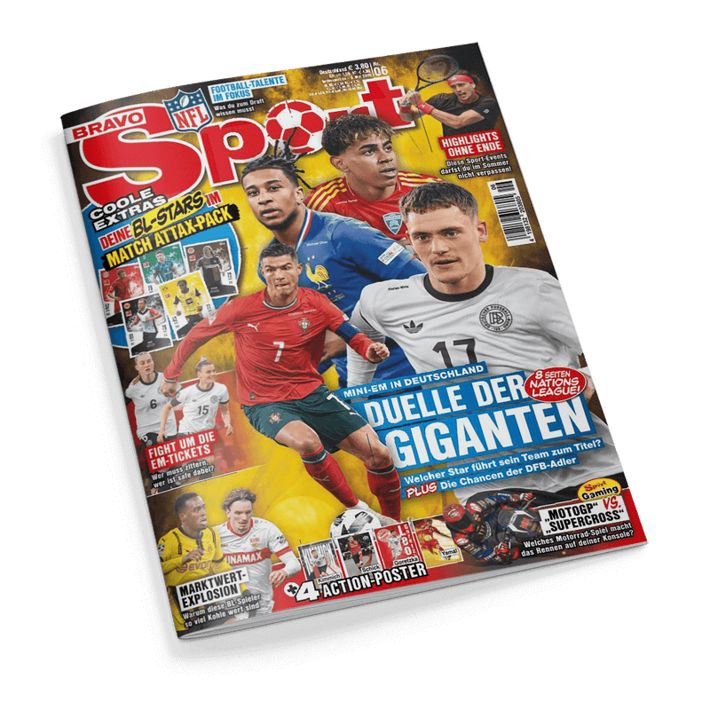 Titelbild der Zeitschrift „BRAVO Sport“ Ausgabe 06 mit großem blau-weißem Schriftzug „DUELLE DER GIGANTEN“ im unteren Bereich, mehreren männlichen Fußballspielern in Nationaltrikots, darunter Spieler mit den Rückennummern 7 und 17, gelbem Hintergrund und diversen Texten wie „MARKTWERT-EXPLOSION“, „MATCH ATTAX-PACK“, „FIGHT UM DIE EM-TICKETS“ sowie Ankündigungen zu Postern und Gaming-Vergleich „MOTOGP vs. SUPERCROSS“.
